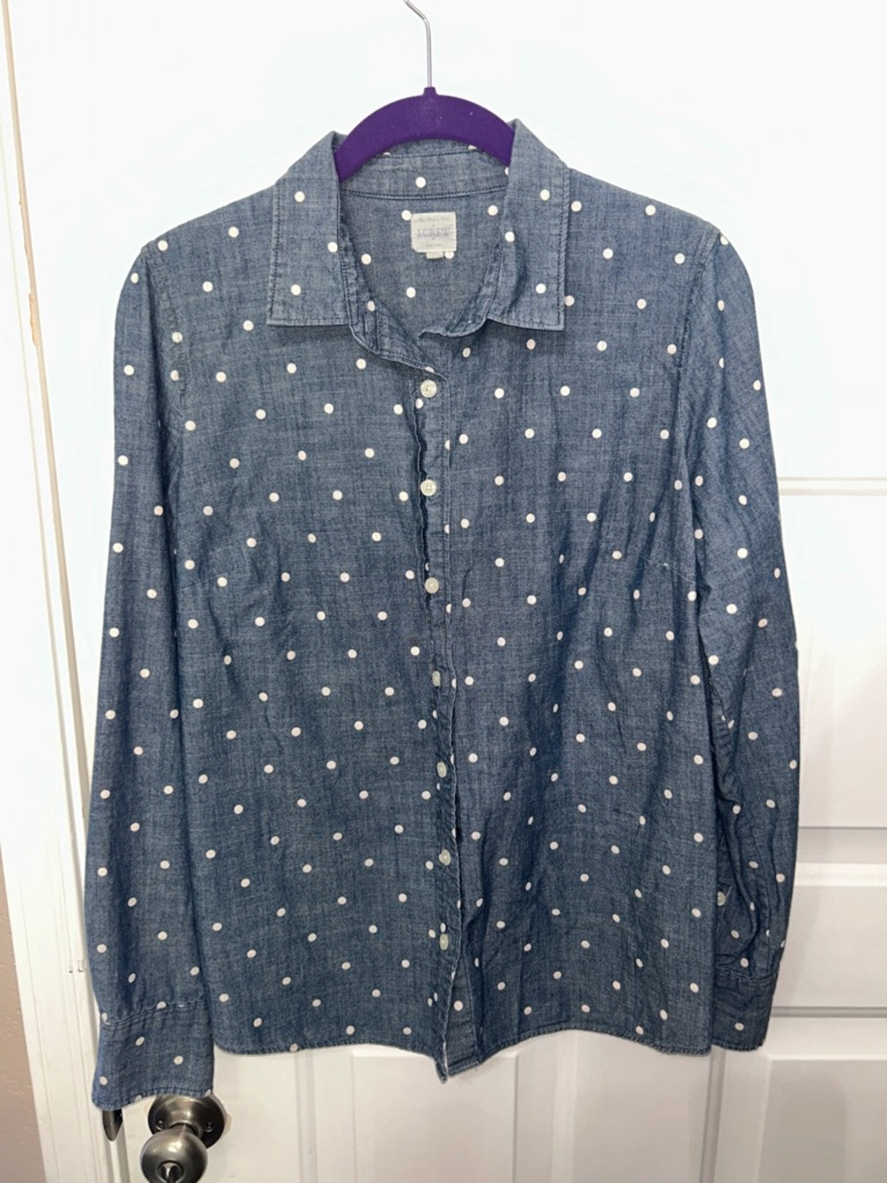 J. Crew Denim Blue White Polka Dot Button-Down Shirt